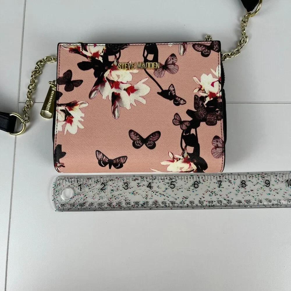 Steve Madden Small Crossbody Purse Logo Pink & Black Floral Butterfly Casual
